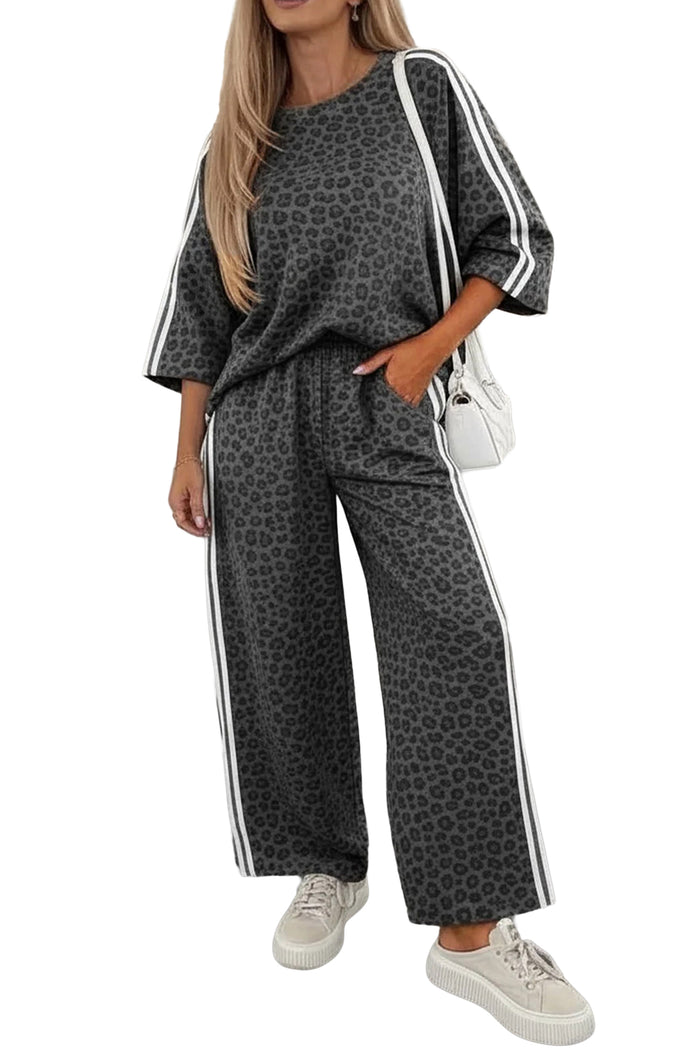 Gray Leopard Print Varsity Striped Detail 3/4 Sleeve Top Shift Pant Set 🇺🇸