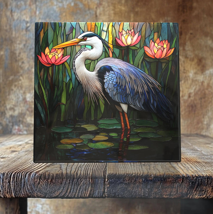 Great Blue Heron Porcelain Tile – Stained Glass-Style Water Bird Art