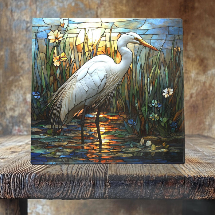 Great Egret at Sunrise Porcelain Tile – Stained Glass-Style Wetland Art