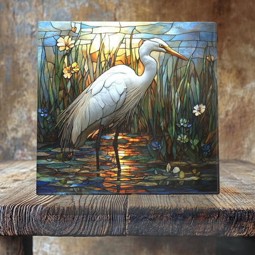 Great Egret at Sunrise Porcelain Tile – Stained Glass-Style Wetland Art