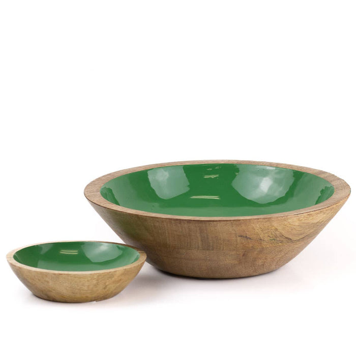 Green Enamel & Wood Serving Bowl
