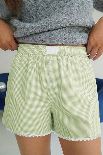 Green Gingham Plaid Button Detail Lace Trim Boxer Shorts 🇺🇸