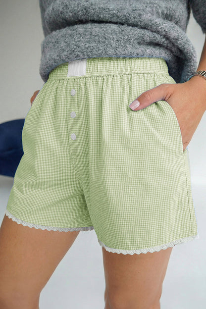 Green Gingham Plaid Button Detail Lace Trim Boxer Shorts 🇺🇸