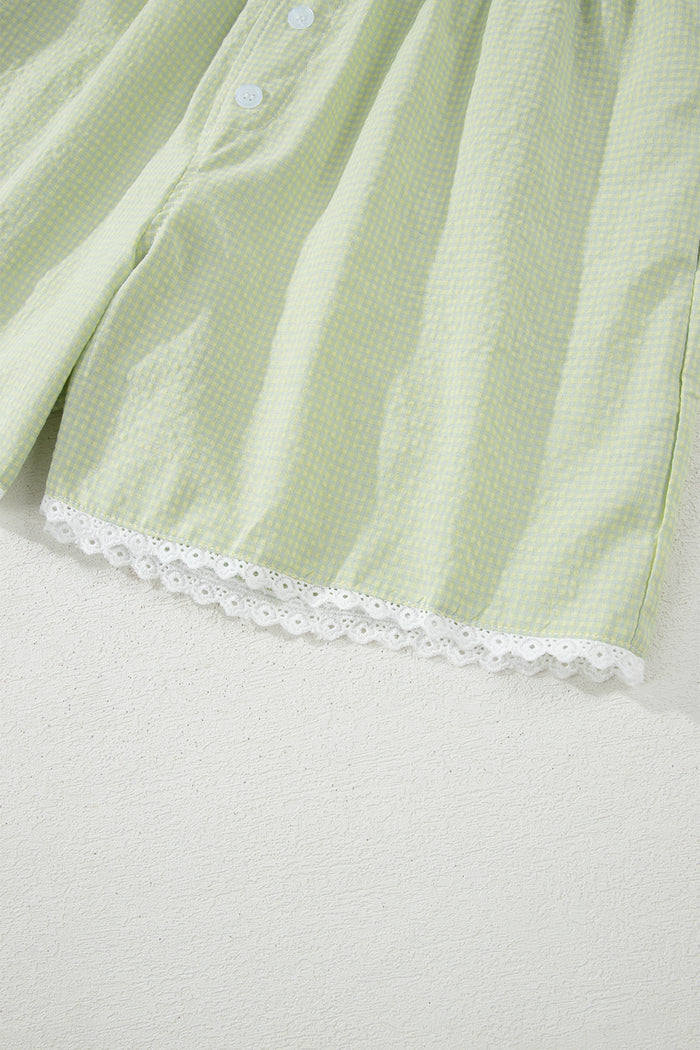 Green Gingham Plaid Button Detail Lace Trim Boxer Shorts 🇺🇸