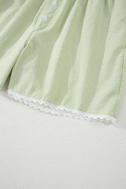 Green Gingham Plaid Button Detail Lace Trim Boxer Shorts 🇺🇸