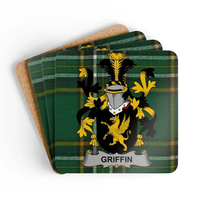 Griffin family crest coaster set with green tartan design