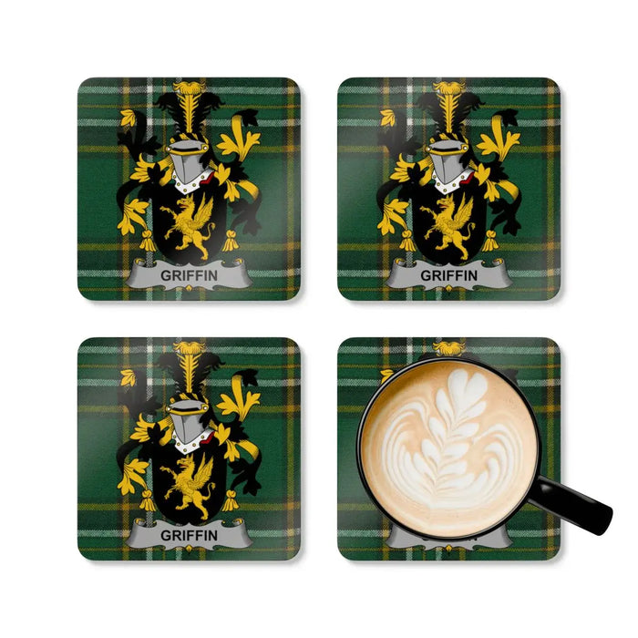 Griffin Irish family crest coasters on Irish National Tartan