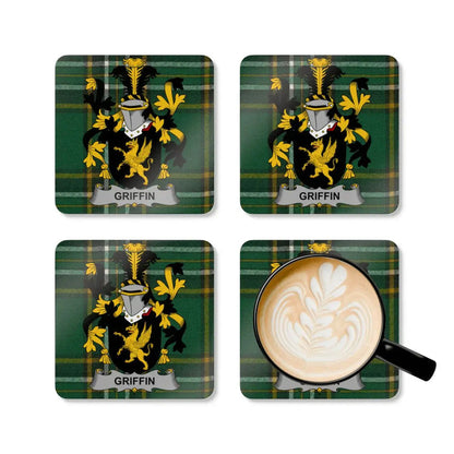 Griffin Irish family crest coasters on Irish National Tartan