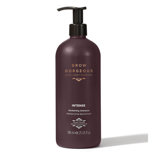 Grow Gorgeous Intense Thickening Shampoo bottle in a 740ml size, designed to add volume and fullness to hair.