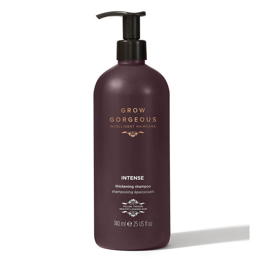 Grow Gorgeous Intense Thickening Shampoo bottle in a 740ml size, designed to add volume and fullness to hair.