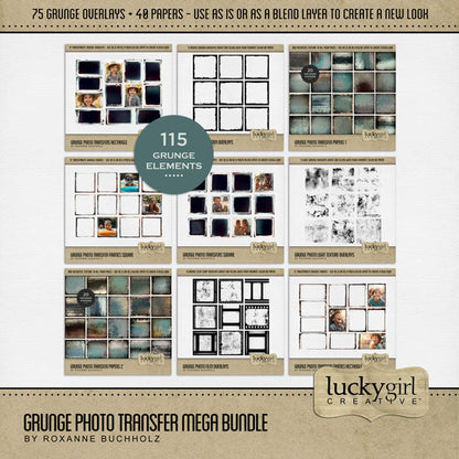 Accent your pages with these beautiful digital scrapbooking grunge textured photo transfer papers, frames, and overlays by Lucky Girl Creative digital art. Perfect for creating photo blend layers with a photographic look. The fine art frames can be layered over or under photos, then play with blend modes to create a one-of-a-kind look or vintage feel.
