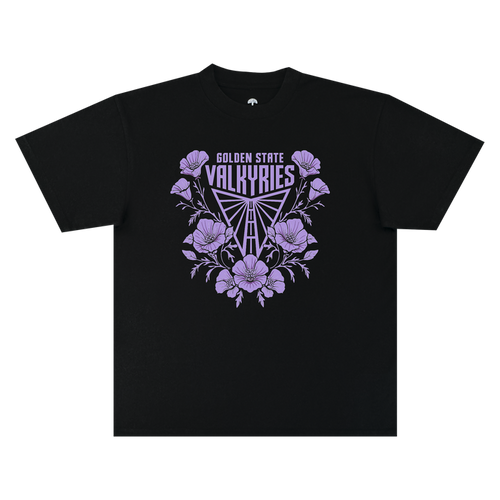 The GSV Poppies Tee by GSV is a classic fit t-shirt made from 100% cotton, showcasing “GOLDEN STATE VALKYRIES” above a triangular, stylized logo, all framed by lilac-hued flowers and leaves and centered on the chest.