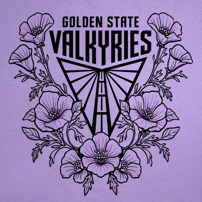 Black outlined poppy flowers encircle a stylized triangular emblem with wing-like shapes, with bold “GOLDEN STATE VALKYRIES” text above. This eye-catching design is featured on the GSV Poppies Tee—a lavender, garment-dyed t-shirt from GSV, made from 100% cotton for superior comfort and quality.