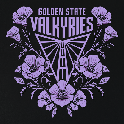 The GSV Poppies Tee by GSV features a symmetrical and elegant design with a stylized purple butterfly and poppy flowers framing bold “Golden State Valkyries” text on a black background. This classic fit t-shirt is crafted from 100% cotton.