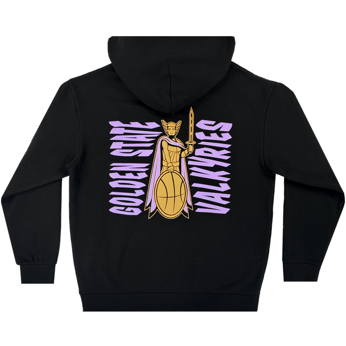 The GSV Renowned Hoodie by GSV is a black pullover with a bold gold and purple Valkyries warrior graphic holding a basketball shield. "GOLDEN STATE WARRIORS" in mirrored purple text highlights this eye-catching unisex design.