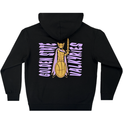 The GSV Renowned Hoodie by GSV is a black pullover with a bold gold and purple Valkyries warrior graphic holding a basketball shield. "GOLDEN STATE WARRIORS" in mirrored purple text highlights this eye-catching unisex design.