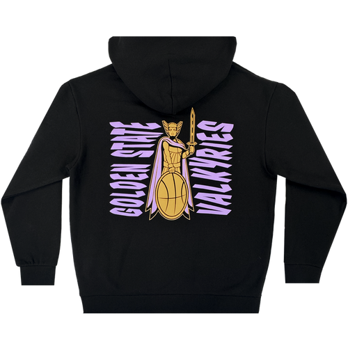 The GSV Renowned Hoodie by GSV is a black pullover with a bold gold and purple Valkyries warrior graphic holding a basketball shield. "GOLDEN STATE WARRIORS" in mirrored purple text highlights this eye-catching unisex design.