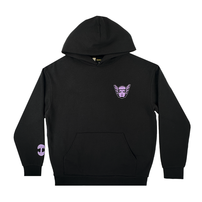 The GSV Renowned Hoodie by GSV is a black unisex pullover with a front pocket, featuring a small purple stylized face on the left chest and a round purple mark on the lower right sleeve, inspired by the Golden State Valkyries.