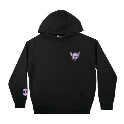 The GSV Renowned Hoodie by GSV is a black unisex pullover with a front pocket, featuring a small purple stylized face on the left chest and a round purple mark on the lower right sleeve, inspired by the Golden State Valkyries.