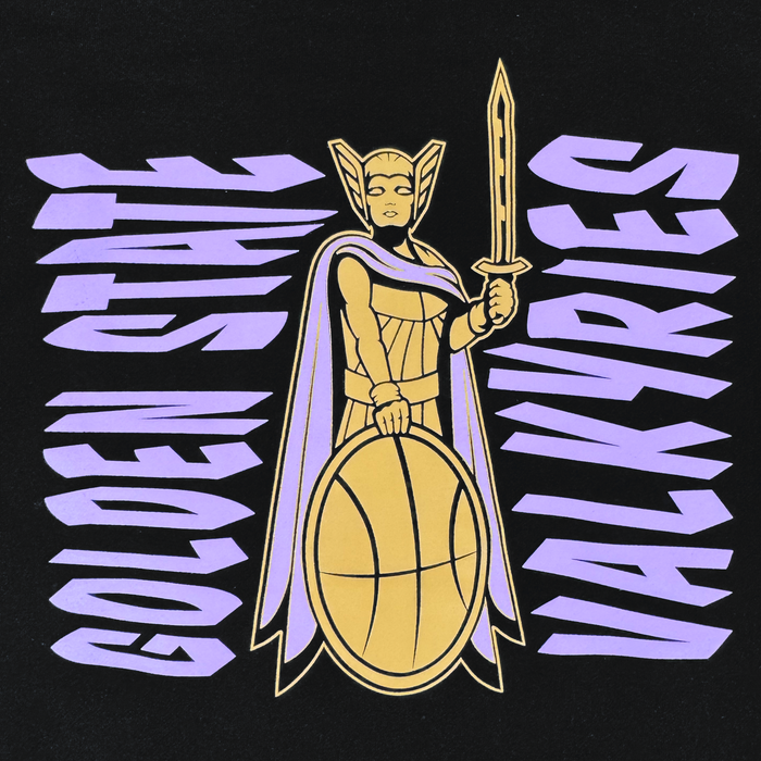 A stylized valkyrie in gold armor with a purple cape wields a sword and a basketball-inspired shield. Bold purple text reads “Golden State” (left) and “Valkyries” (right). The GSV Renowned Hoodie by GSV is perfect for any fan.