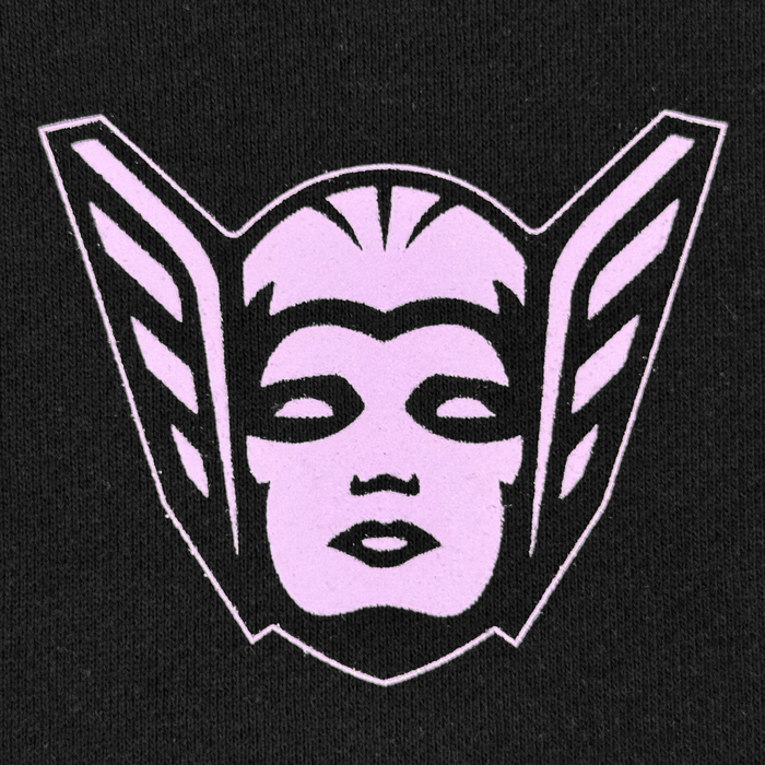 The GSV Renowned Hoodie by GSV features a stylized pink face with closed eyes and lips, bold black outlines, and two wing-like shapes on a sleek black background—ideal for any fan of the Golden State Valkyries.