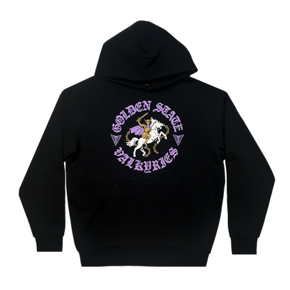 The GSV ROTV Hoodie by GSV is a unisex pullover with a central valkyrie-on-horse graphic, surrounded by bold purple "GOLDEN STATE VALKYRIES" text on a plain white background.