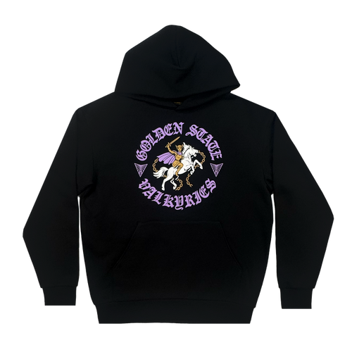The GSV ROTV Hoodie by GSV is a unisex pullover with a central valkyrie-on-horse graphic, surrounded by bold purple "GOLDEN STATE VALKYRIES" text on a plain white background.