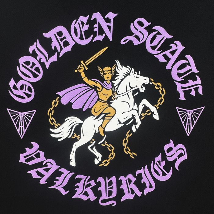 A bold illustration of a valkyrie in gold armor and purple cape riding a white horse, sword raised, is featured on the GSV ROTV Hoodie by GSV. "GOLDEN STATE VALKYRIES" in ornate lavender frames the design on this black unisex pullover.