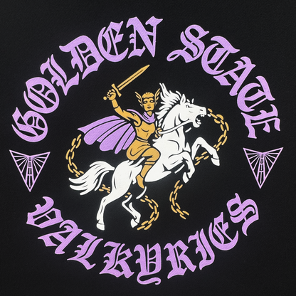 A bold illustration of a valkyrie in gold armor and purple cape riding a white horse, sword raised, is featured on the GSV ROTV Hoodie by GSV. "GOLDEN STATE VALKYRIES" in ornate lavender frames the design on this black unisex pullover.