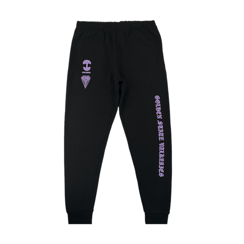 The GSV ROTV Pant by GSV features men's black sweatpants with an elastic waistband, cuffs, purple "Golden State Valkyries" text down the left leg, and purple geometric shapes—a circle and triangle—on the right thigh.