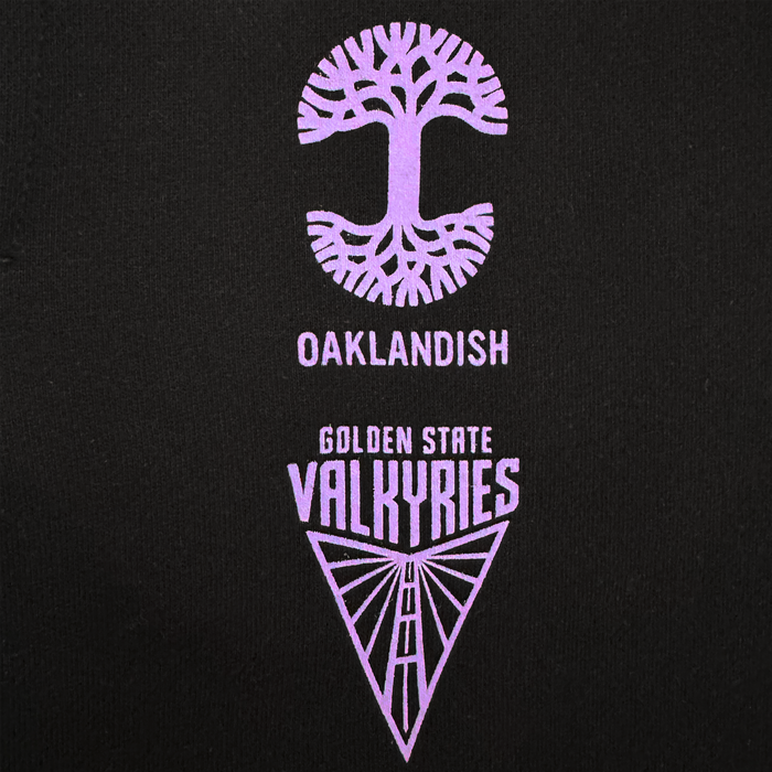 The GSV ROTV Pant by GSV features purple graphics of a stylized tree and "OAKLANDISH" above "GOLDEN STATE VALKYRIES" on black sweatpants in men's sizing—ideal for Valkyries fans.