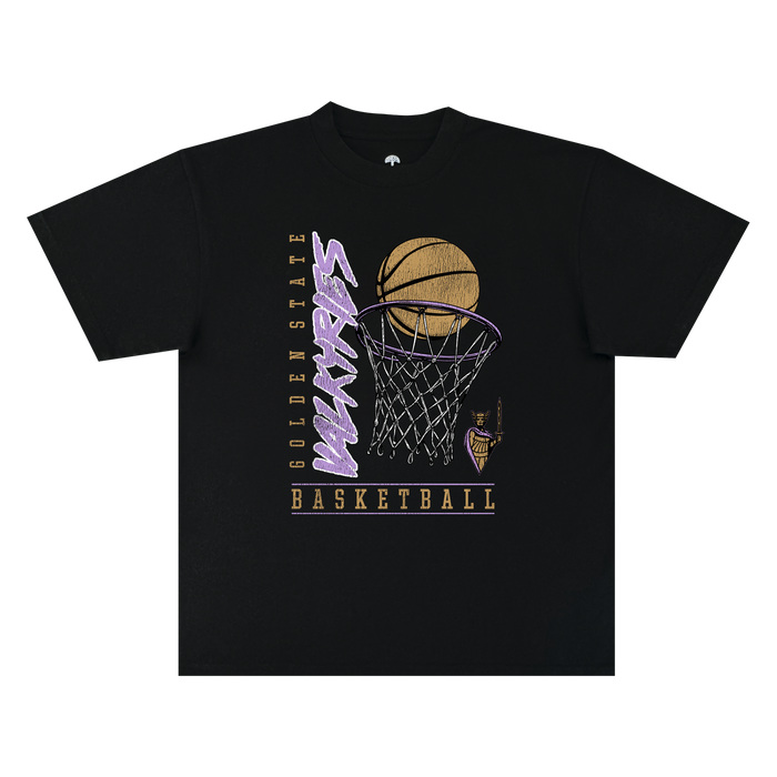 Introducing the GSV Swish Tee by GSV—a black, 100% cotton, classic fit t-shirt featuring a vintage-inspired graphic of a basketball soaring through a hoop. “Golden State Warriors” is displayed vertically and “BASKETBALL” horizontally in bold yellow and purple lettering, with a small Warriors logo positioned at the lower right of the hoop. Combining comfort with timeless style, this tee is perfect for fans of the Golden State Valkyries as well as Warriors supporters alike.