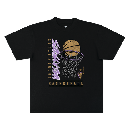Introducing the GSV Swish Tee by GSV—a black, 100% cotton, classic fit t-shirt featuring a vintage-inspired graphic of a basketball soaring through a hoop. “Golden State Warriors” is displayed vertically and “BASKETBALL” horizontally in bold yellow and purple lettering, with a small Warriors logo positioned at the lower right of the hoop. Combining comfort with timeless style, this tee is perfect for fans of the Golden State Valkyries as well as Warriors supporters alike.