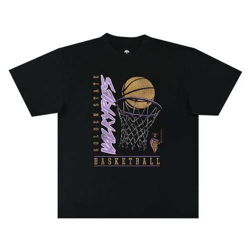 Introducing the GSV Swish Tee by GSV—a black, 100% cotton, classic fit t-shirt featuring a vintage-inspired graphic of a basketball soaring through a hoop. “Golden State Warriors” is displayed vertically and “BASKETBALL” horizontally in bold yellow and purple lettering, with a small Warriors logo positioned at the lower right of the hoop. Combining comfort with timeless style, this tee is perfect for fans of the Golden State Valkyries as well as Warriors supporters alike.