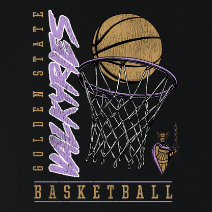 Show your team spirit with the GSV Swish Tee by GSV. This classic fit, 100% cotton t-shirt features an eye-catching illustration of a basketball swishing through a hoop, with “GOLDEN STATE VALKYRIES” displayed vertically and diagonally in bold gold and purple lettering. “BASKETBALL” appears below in gold, while a striking, purple-armored valkyrie holding a spear stands beside the hoop. Celebrate Golden State Valkyries pride and enjoy everyday comfort with this unique design.
