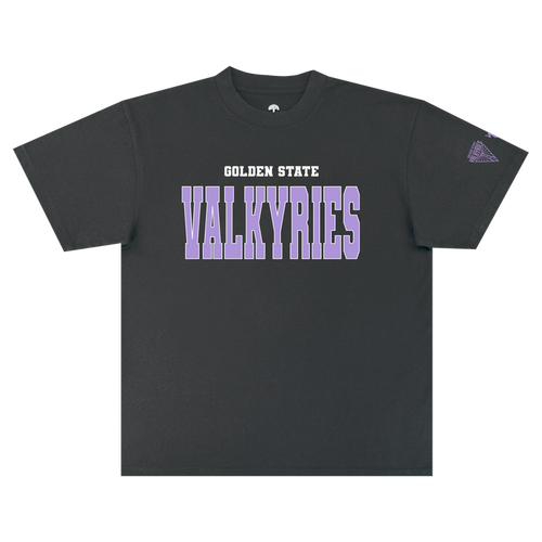 The GSV Varsity Tee by GSV is a classic fit, 100% cotton black t-shirt featuring “GOLDEN STATE” in white above bold purple “VALKYRIES” block letters across the chest. A small purple triangle logo appears on the left sleeve, standing out against the plain white background.