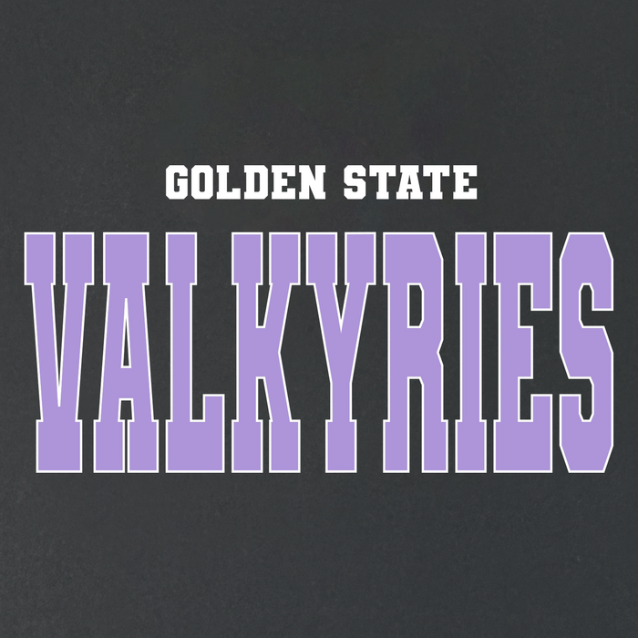 Text on a dark background reads “GOLDEN STATE” in bold white letters above “VALKYRIES” in large, bold, purple capital letters outlined in white—perfectly capturing the spirit of the Golden State Valkyries. The GSV Varsity Tee by GSV features a classic fit and is crafted from 100% cotton for all-day comfort and style.