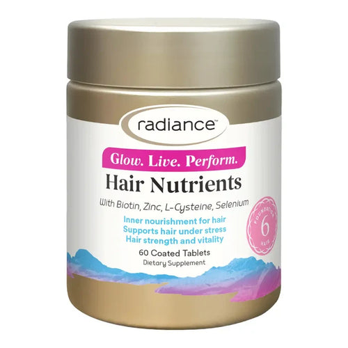A bottle of Radiance Hair Nutrients dietary supplement tablets. Gold bottle and cap featuring a label with pink and blue accents.