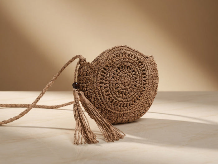 Handwoven round Raffia shell crossbody shoulder bag by Grace Beauty, featuring a hollow fashion design and compact style.
