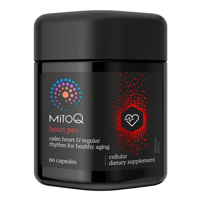 A black supplement jar of MitoQ Heart Pro, featuring a black label with red and white text and graphics.