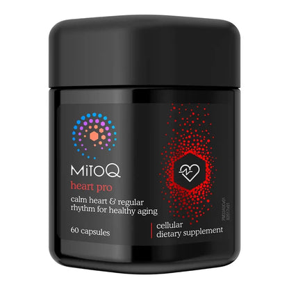 A black supplement jar of MitoQ Heart Pro, featuring a black label with red and white text and graphics.