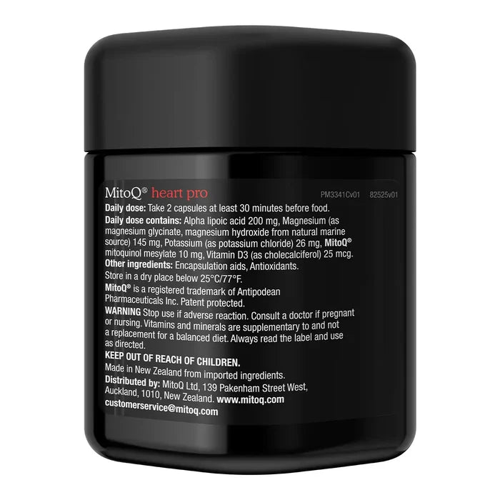 A black supplement jar labeled MitoQ Heart Pro with white text.