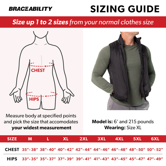 The sizing chart for our heated vest is size M through 6XL