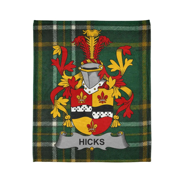 Hicks Family Crest on Dark Green Plaid Blanket
