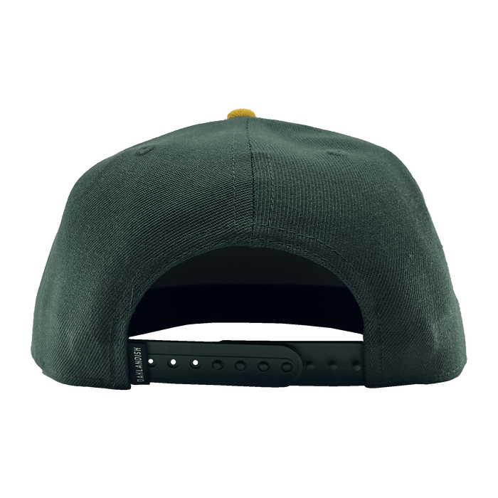 Back view of green snapback cap with Oaklandish wordmark tag.