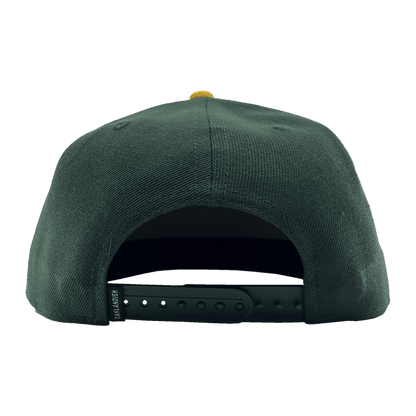 Back view of green snapback cap with Oaklandish wordmark tag.