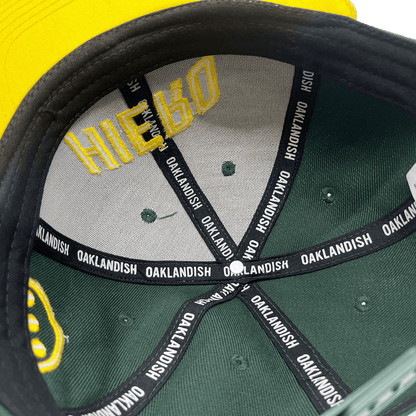 Inside view of the crown of a cap with OAKLANDISH taping inside the crown.