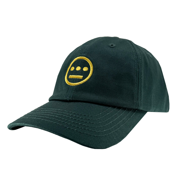 The dark green Hiero Logo Dad Hat by Hieroglyphics features a yellow embroidered logo resembling hieroglyphics—a circle with three lines above two dots. Its adjustable strap back and visible stitching along the brim and panel seams add character, showcased from a front and side angle.