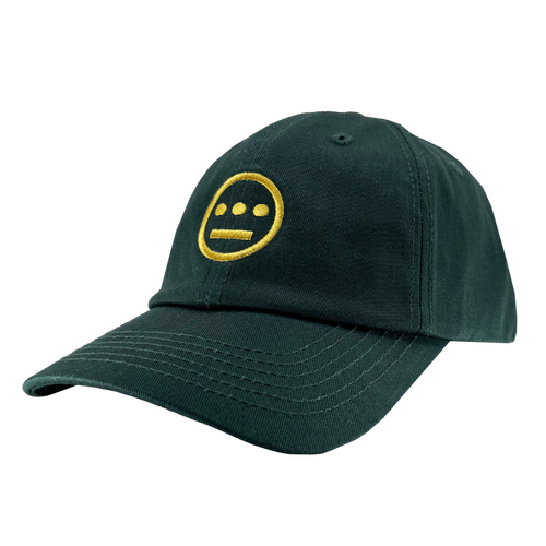 The dark green Hiero Logo Dad Hat by Hieroglyphics features a yellow embroidered logo resembling hieroglyphics—a circle with three lines above two dots. Its adjustable strap back and visible stitching along the brim and panel seams add character, showcased from a front and side angle.