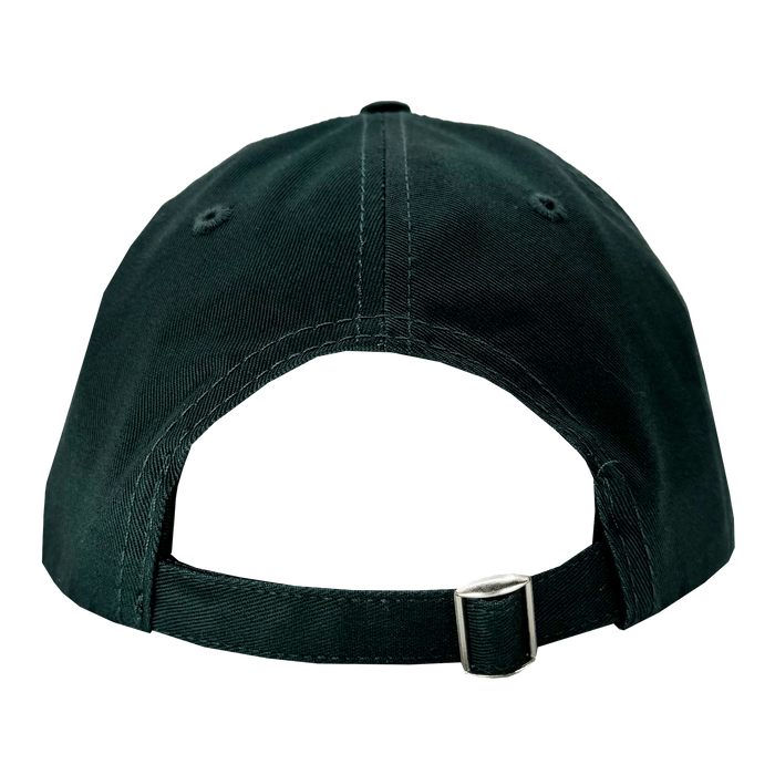 A black "Hiero Logo Dad Hat" by Hieroglyphics, shown from the rear, features a curved brim, adjustable strap with a metal buckle, an opening above the strap, and visible stitching lines for added detail.